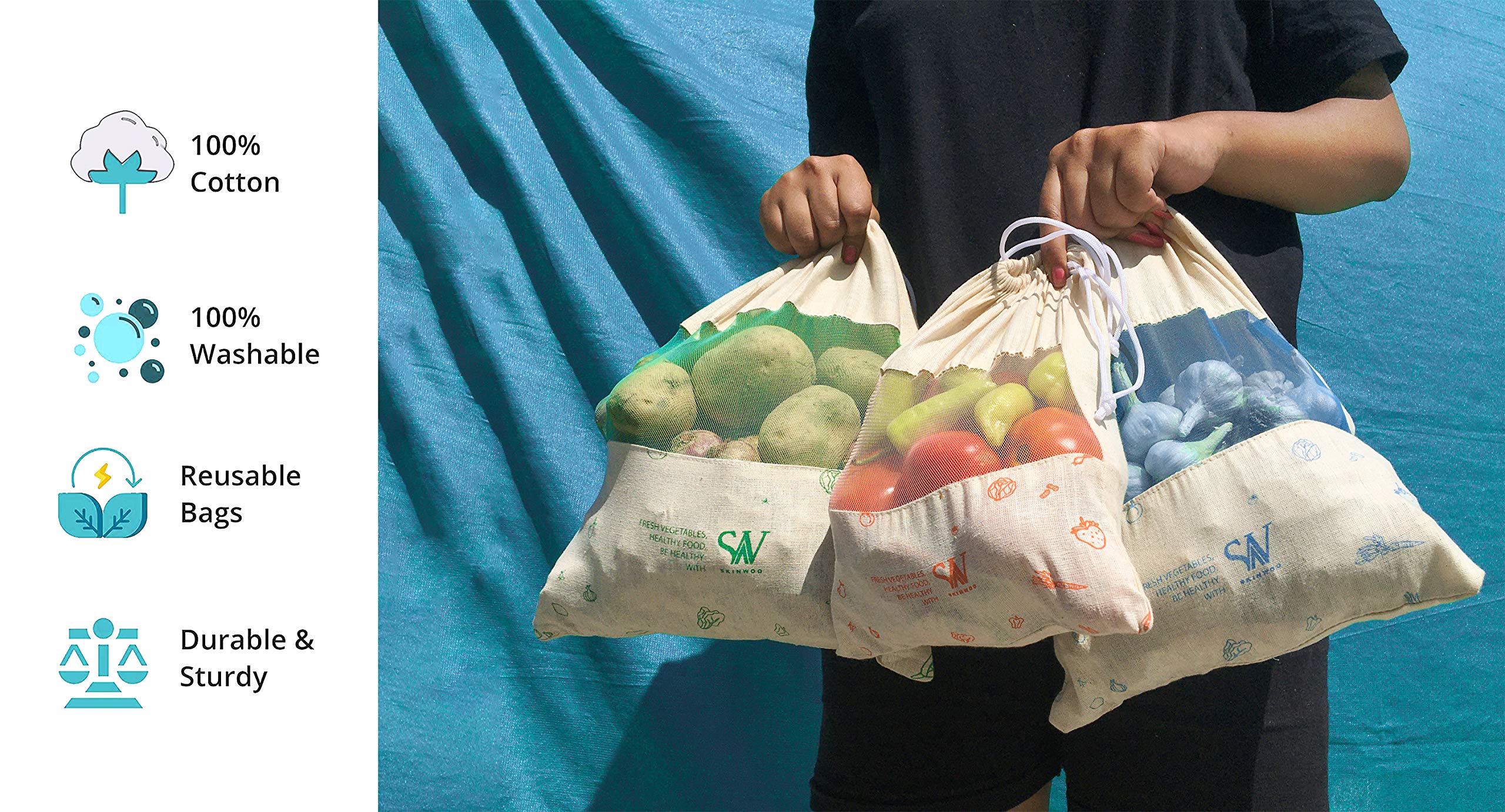 Skinwoo Set of 12 Organic Cotton Reusable Vegetable Bag for Fridge/Eco Friendly Storage Bags | Perfect for Fruits, Vegetables, P